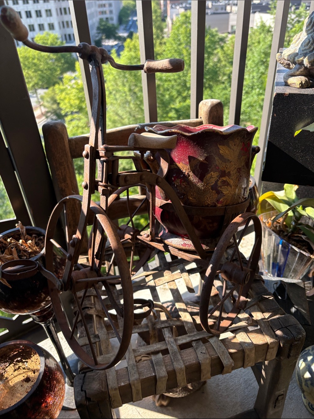 Antique Antique Metal Tricycle Planter with Burgundy and Gold Floral Pot